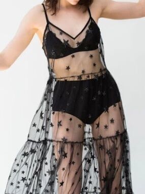 Lirika Matoshi Black Star-Embroidered Sheer Maxi Dress